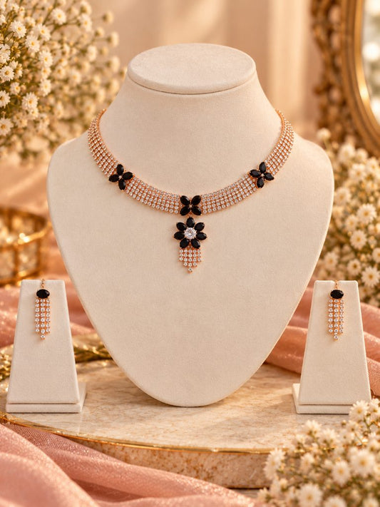 Black Floral Collar Necklace and Clear-Stone Fringe Earring Set