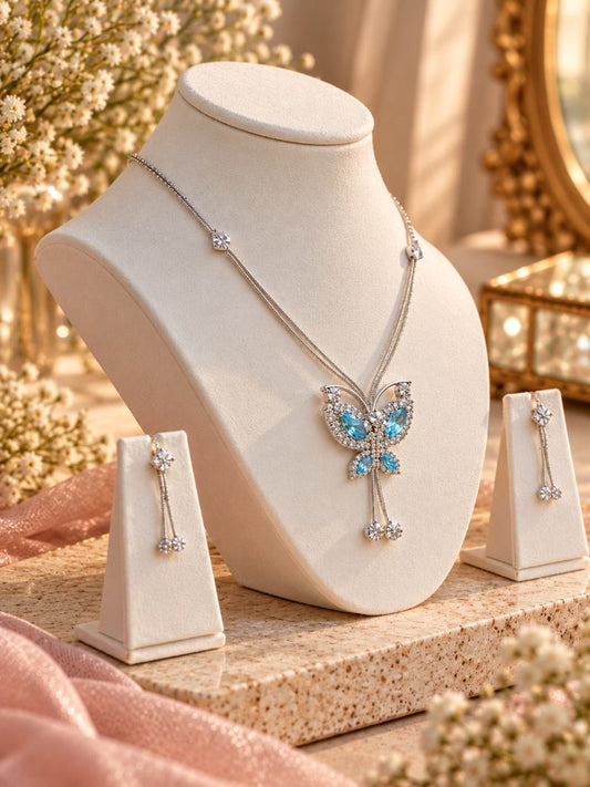 Aqua Blue Butterfly Pendant Necklace and Tassel Earring Set