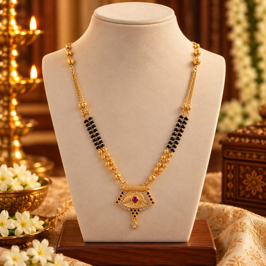 Gold-Tone Black Bead Mangalsutra with Red-Center Fan Pendant