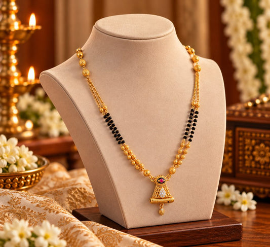 Gold-Tone Black Bead Mangalsutra with Bell-Shaped Pendant