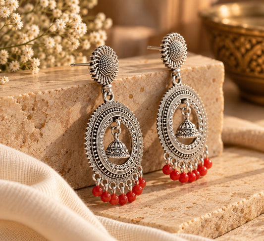 Red Bead Silver-Tone Circular Jhumka Drop Earrings