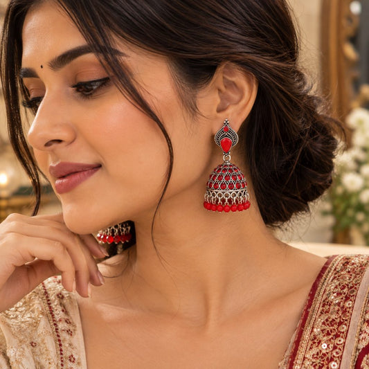 Red Teardrop Stone Silver-Tone Dome Jhumka Earrings