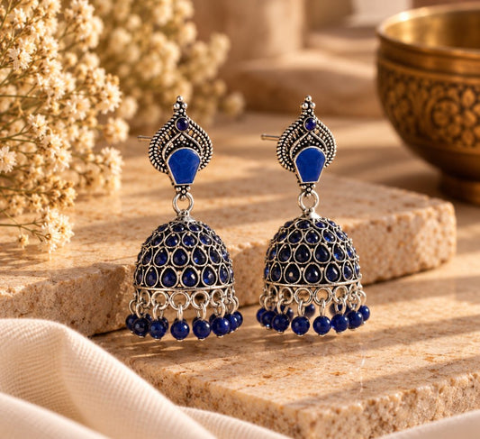 Blue Teardrop Silver-Tone Jhumka Earrings with Bead Fringe