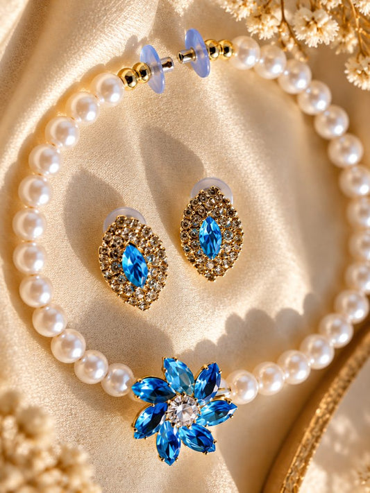 Aqua Blue Flower Pearl-Look Beaded Necklace and Halo Stud Earring Set
