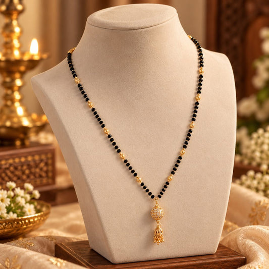 Gold-Tone Black Bead Mangalsutra with Spherical Jhumka Drop Pendant