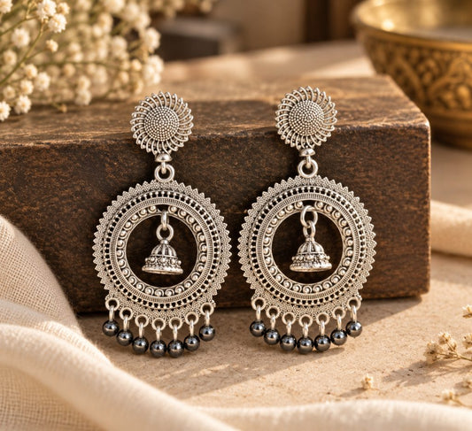 Silver-Tone Circular Jhumka Drop Earrings with Gunmetal-Color Beads