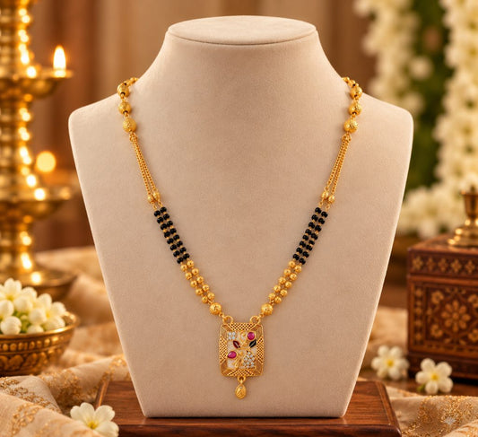 Gold-Tone Black Bead Mangalsutra with Rectangular Floral Pendant