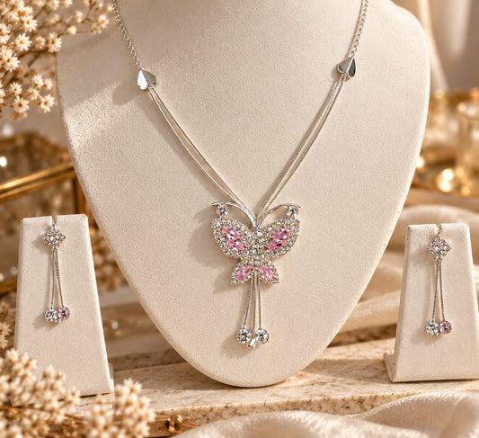 Pink Butterfly Pendant Necklace and Chain-Drop Earring Set