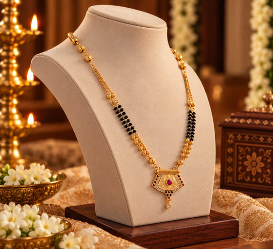 Gold-Tone Black Bead Mangalsutra with Red-Center Fan Pendant