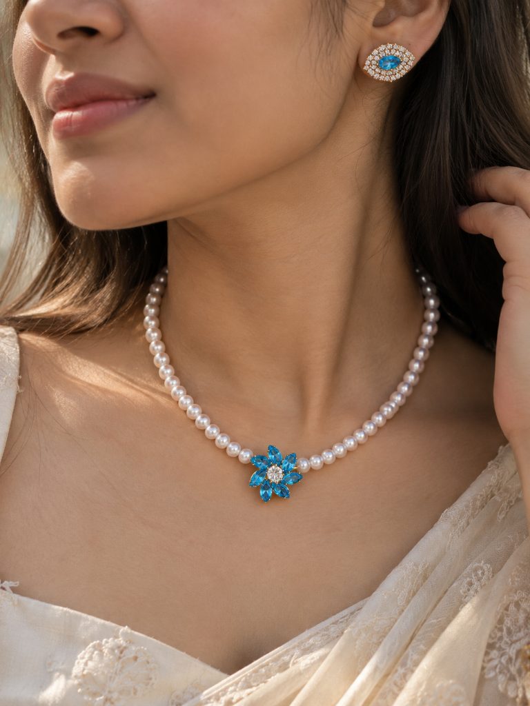 Aqua Blue Flower Pearl-Look Beaded Necklace and Halo Stud Earring Set