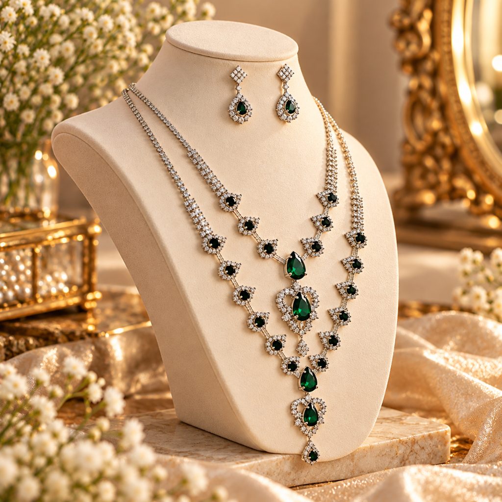 Silver-Tone Green Teardrop Layered Necklace and Earring Set