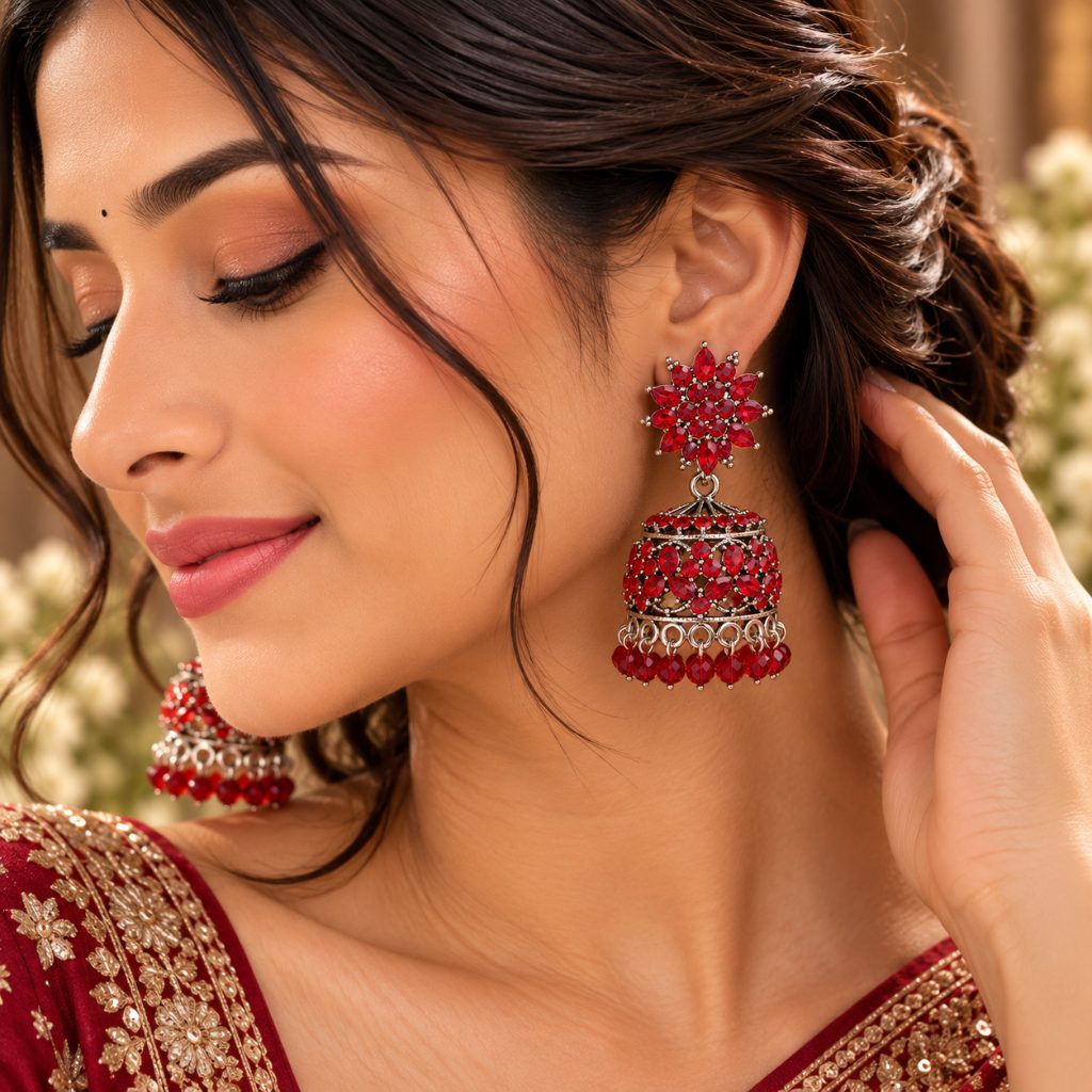 Red Floral Stone Silver-Tone Jhumka Earrings with Bead Fringe