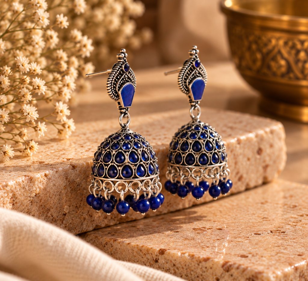 Blue Teardrop Silver-Tone Jhumka Earrings with Bead Fringe