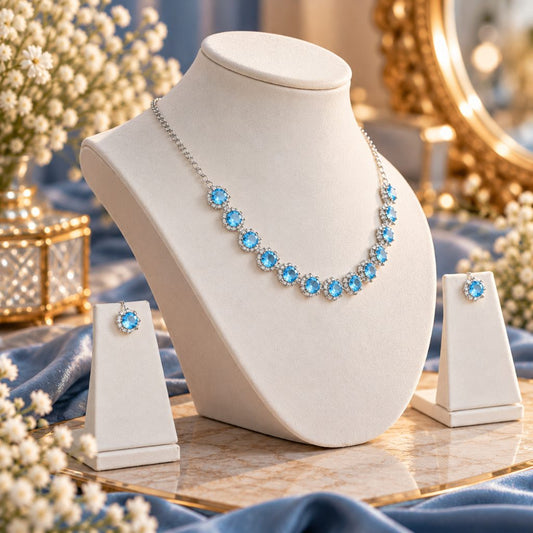 Sky Blue Round Halo Necklace and Matching Earring Set