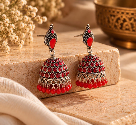 Red Teardrop Stone Silver-Tone Dome Jhumka Earrings