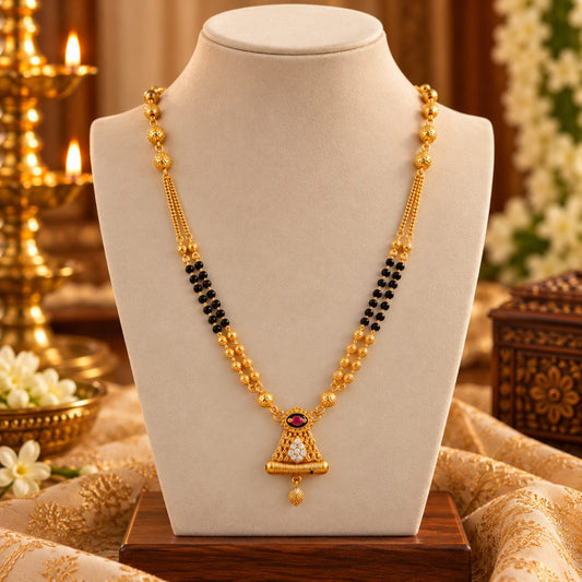 Gold-Tone Black Bead Mangalsutra with Bell-Shaped Pendant