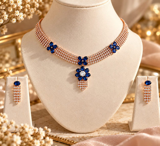 Deep Blue Floral Collar Necklace and Fringe Earring Set