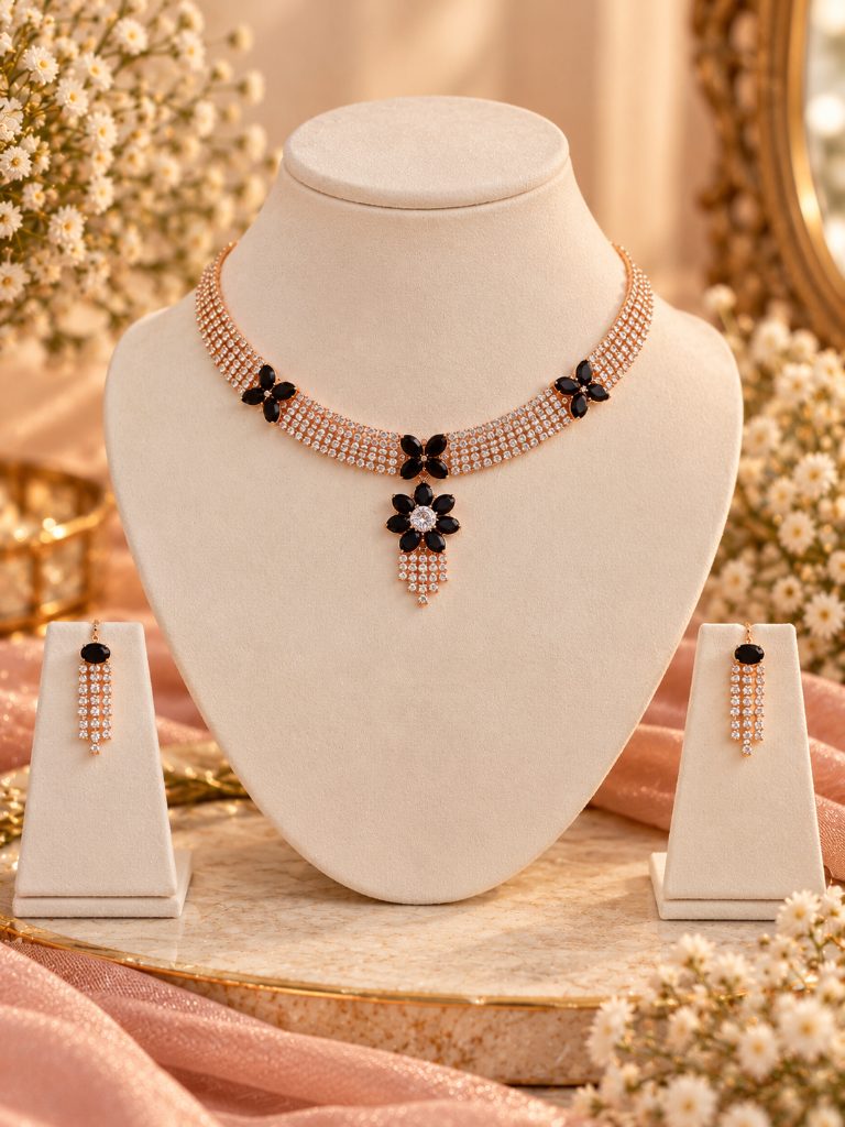 Black Floral Collar Necklace and Clear-Stone Fringe Earring Set