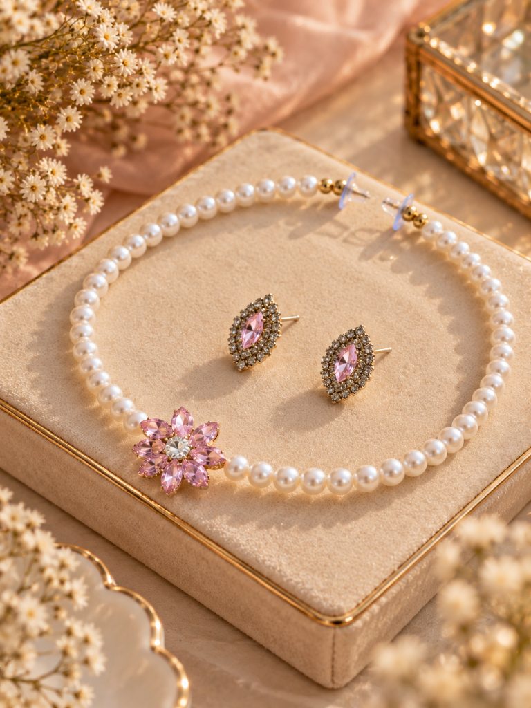 Pink Flower Pearl-Look Beaded Necklace and Marquise Stud Earring Set
