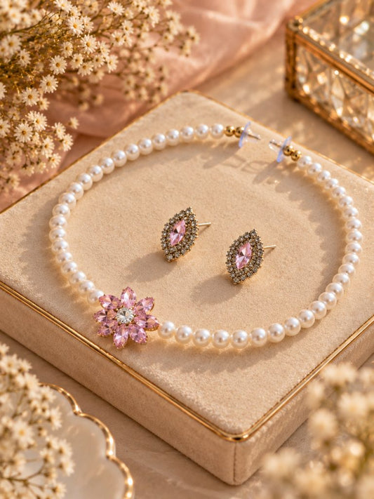 Pink Flower Pearl-Look Beaded Necklace and Marquise Stud Earring Set