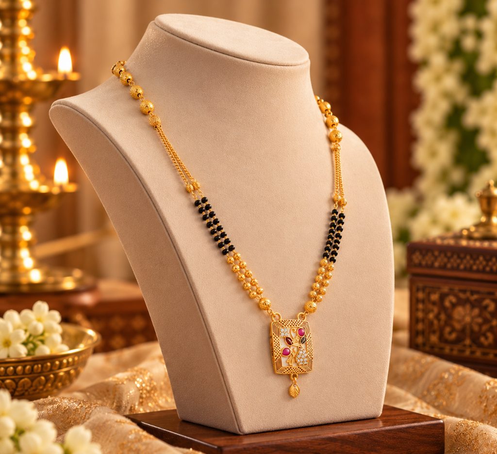 Gold-Tone Black Bead Mangalsutra with Rectangular Floral Pendant