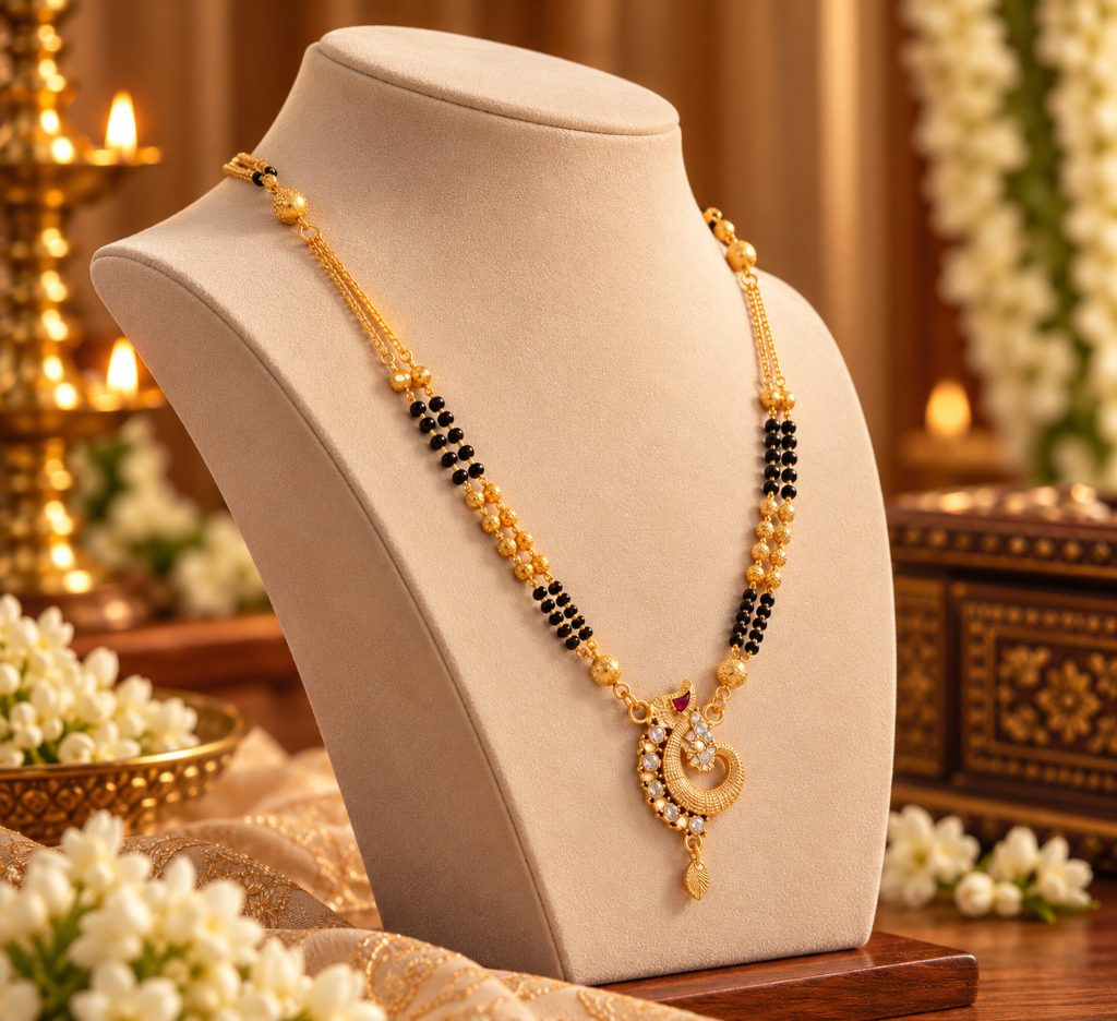 Gold-Tone Black Bead Mangalsutra with Curved Clear-Stone Pendant
