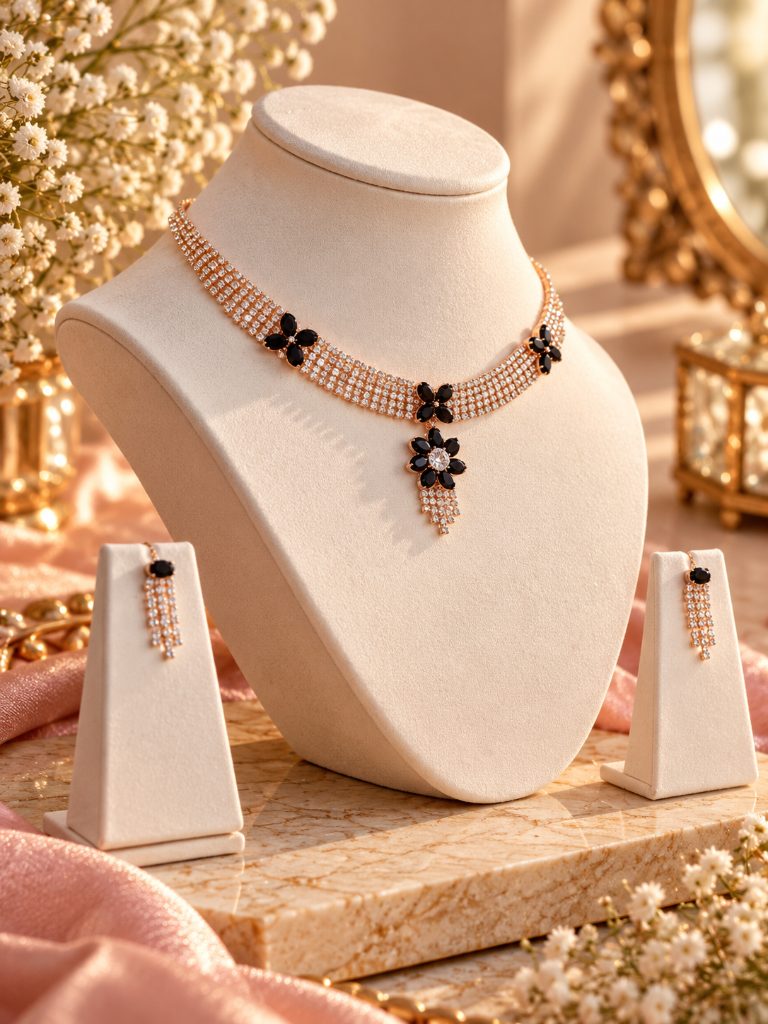 Black Floral Collar Necklace and Clear-Stone Fringe Earring Set