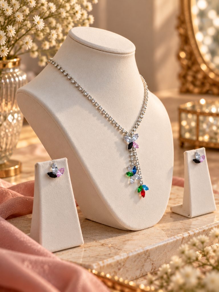 Silver-Tone Multicolor Leaf Cluster Y-Necklace and Earring Set