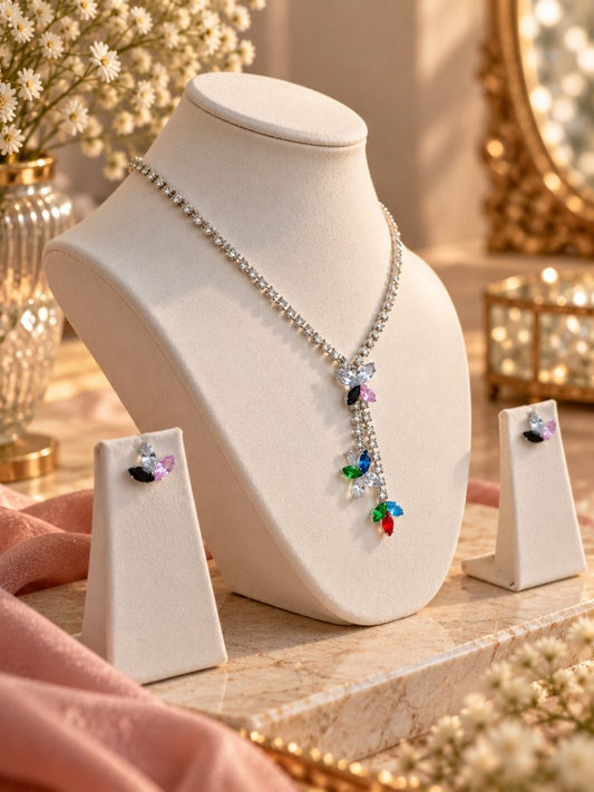 Silver-Tone Multicolor Leaf Cluster Y-Necklace and Earring Set