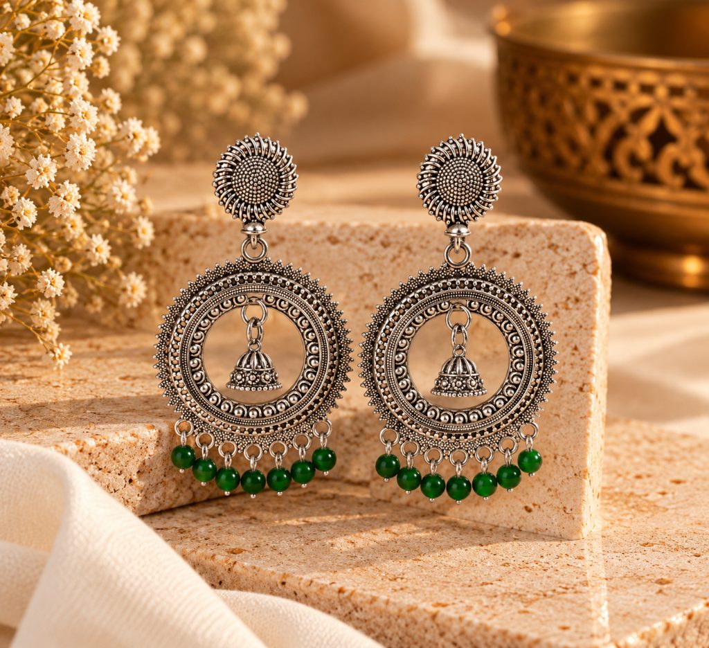 Green Bead Silver-Tone Circular Jhumka Drop Earrings