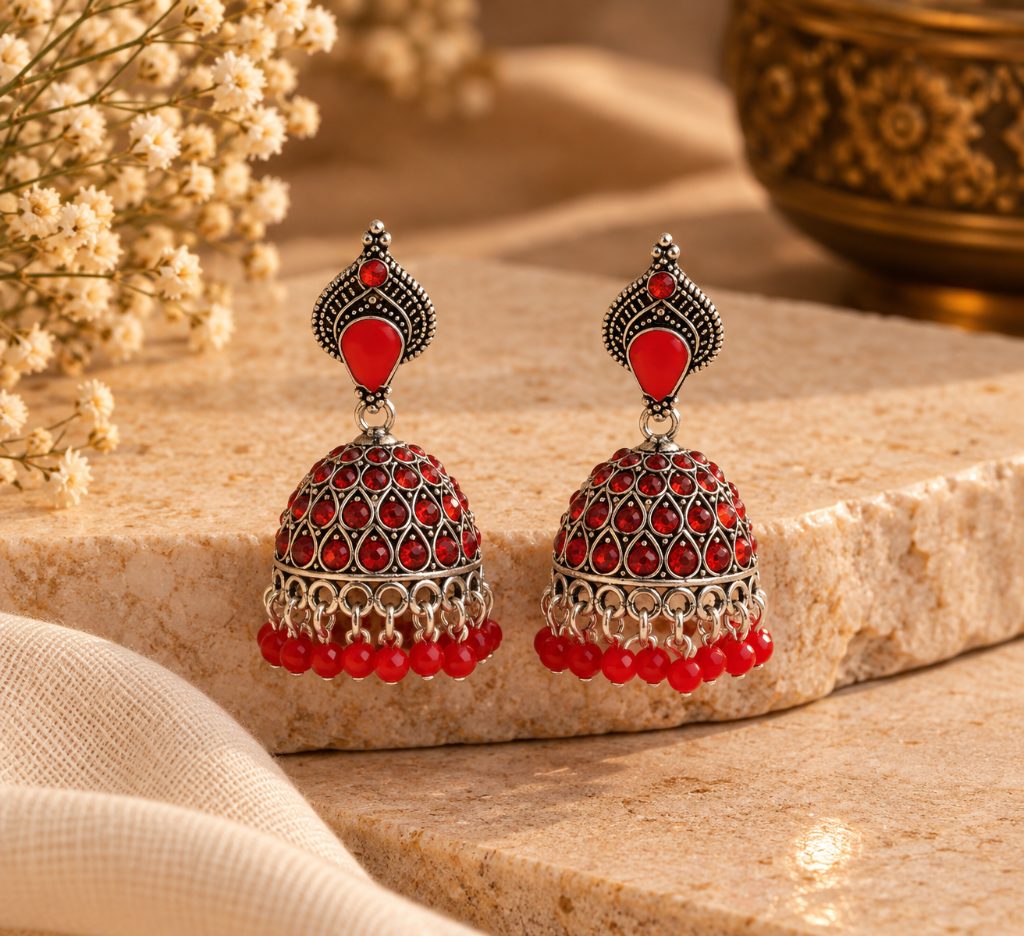 Red Teardrop Stone Silver-Tone Dome Jhumka Earrings