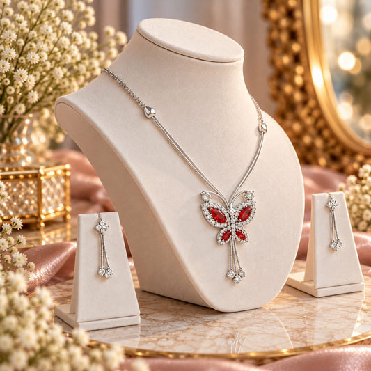 Silver-Tone Red Butterfly Pendant Necklace and Drop Earring Set