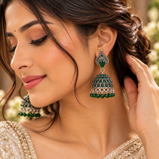 Green Teardrop Stone Silver-Tone Dome Jhumka Earrings