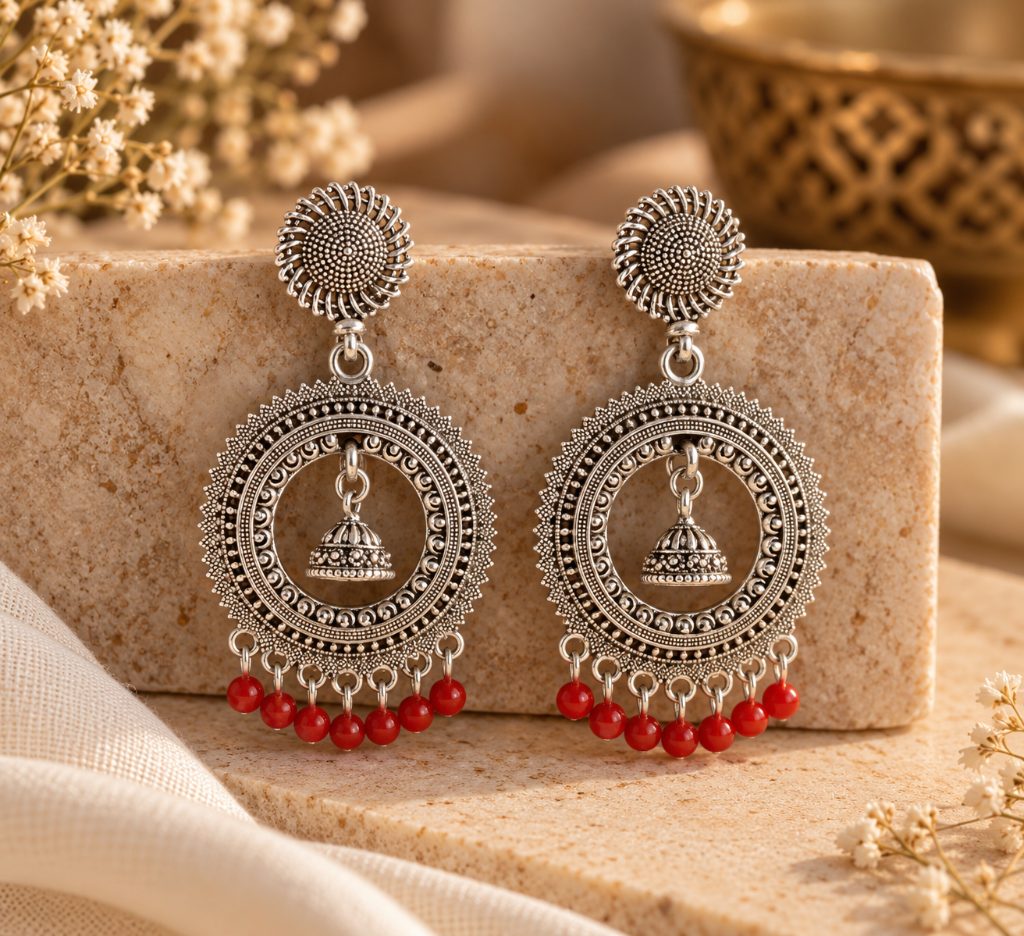 Red Bead Silver-Tone Circular Jhumka Drop Earrings