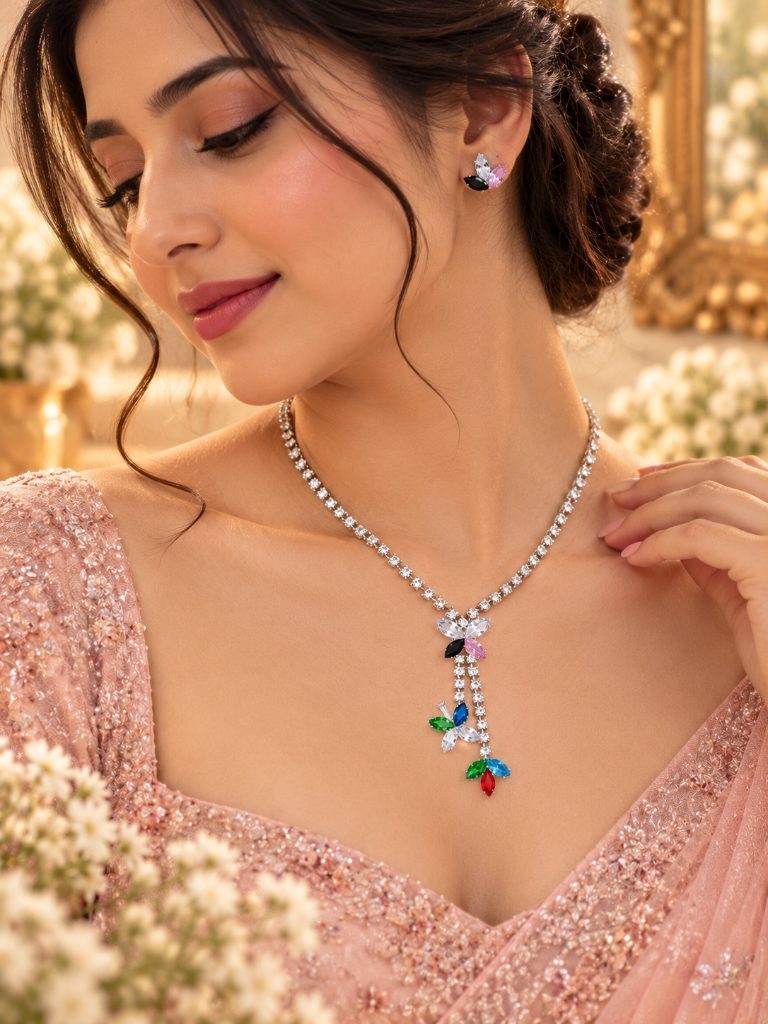 Silver-Tone Multicolor Leaf Cluster Y-Necklace and Earring Set