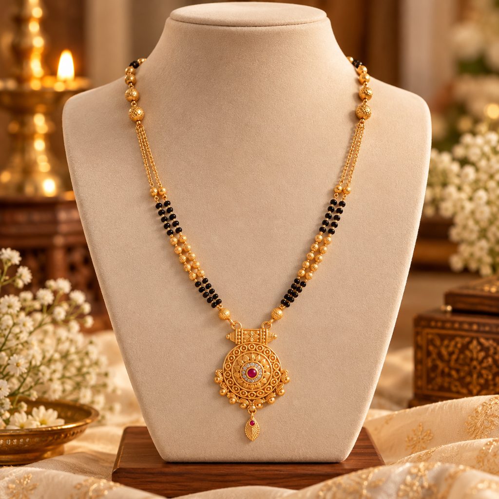 Gold-Tone Double-Strand Mangalsutra with Red-Accent Round Medallion