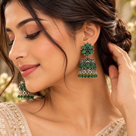 Green Floral Stone Silver-Tone Jhumka Earrings with Bead Fringe