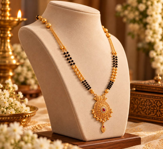 Gold-Tone Double-Strand Mangalsutra with Red-Accent Round Medallion