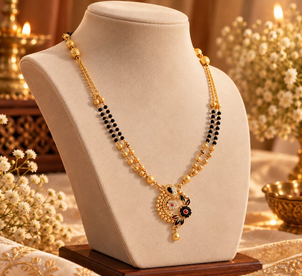 Gold-Tone Black Bead Mangalsutra with Floral Openwork Pendant