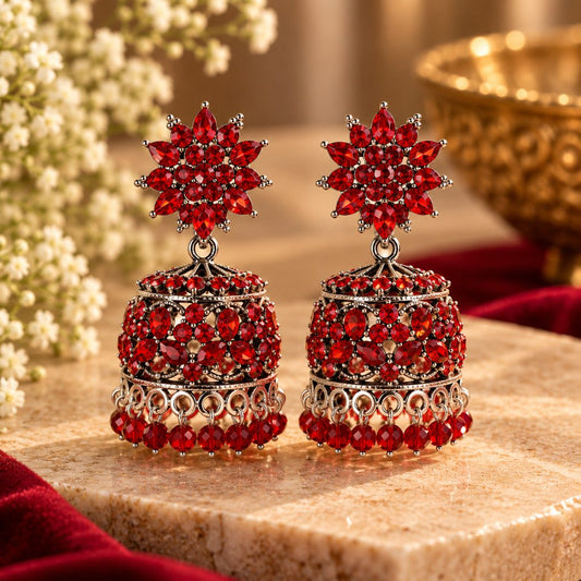 Red Floral Stone Silver-Tone Jhumka Earrings with Bead Fringe