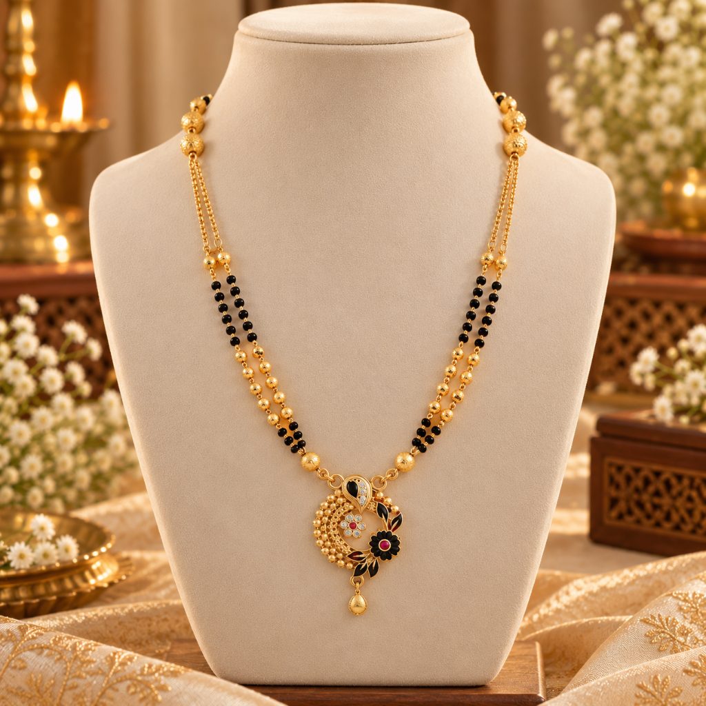 Gold-Tone Black Bead Mangalsutra with Floral Openwork Pendant