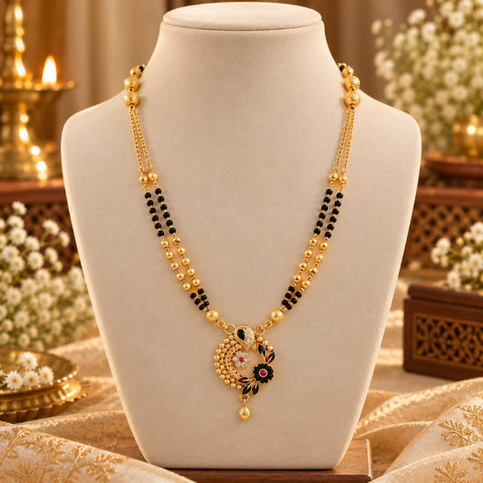 Gold-Tone Black Bead Mangalsutra with Floral Openwork Pendant