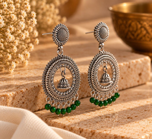 Green Bead Silver-Tone Circular Jhumka Drop Earrings