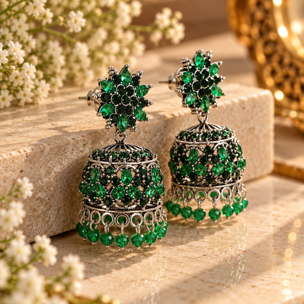 Green Floral Stone Silver-Tone Jhumka Earrings with Bead Fringe