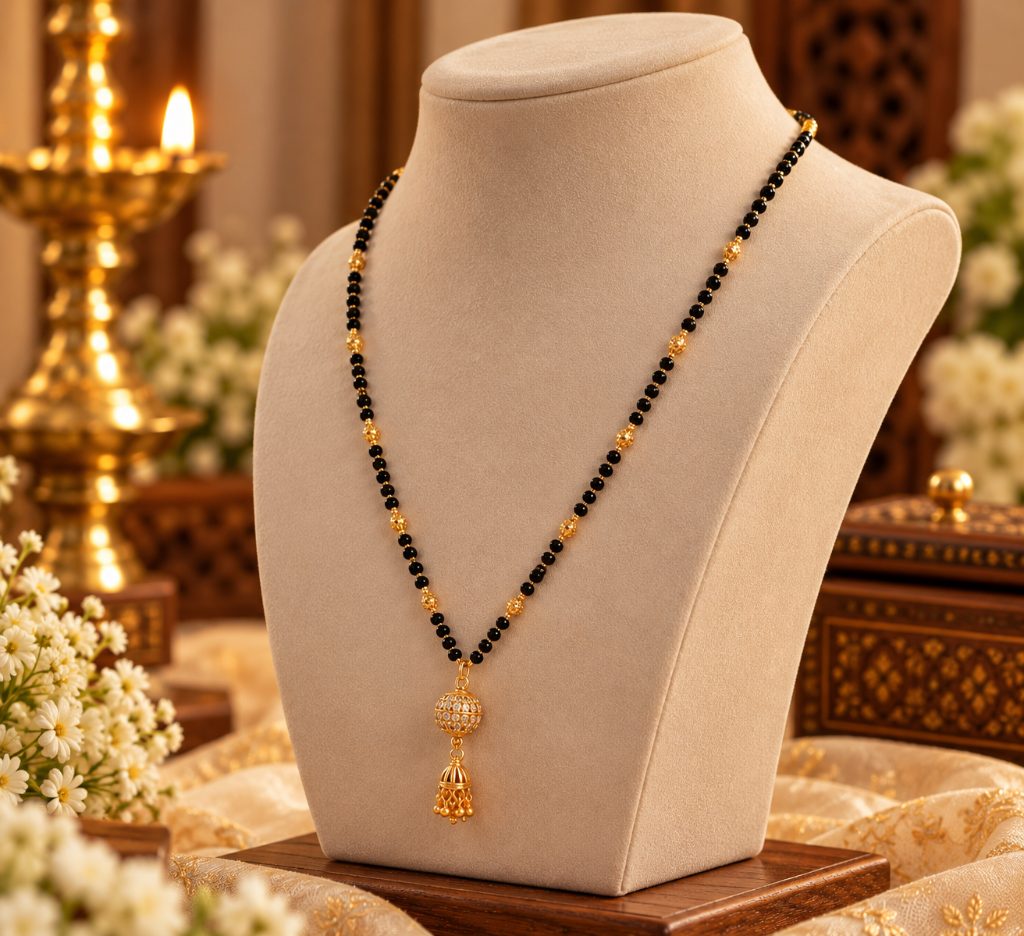 Gold-Tone Black Bead Mangalsutra with Spherical Jhumka Drop Pendant