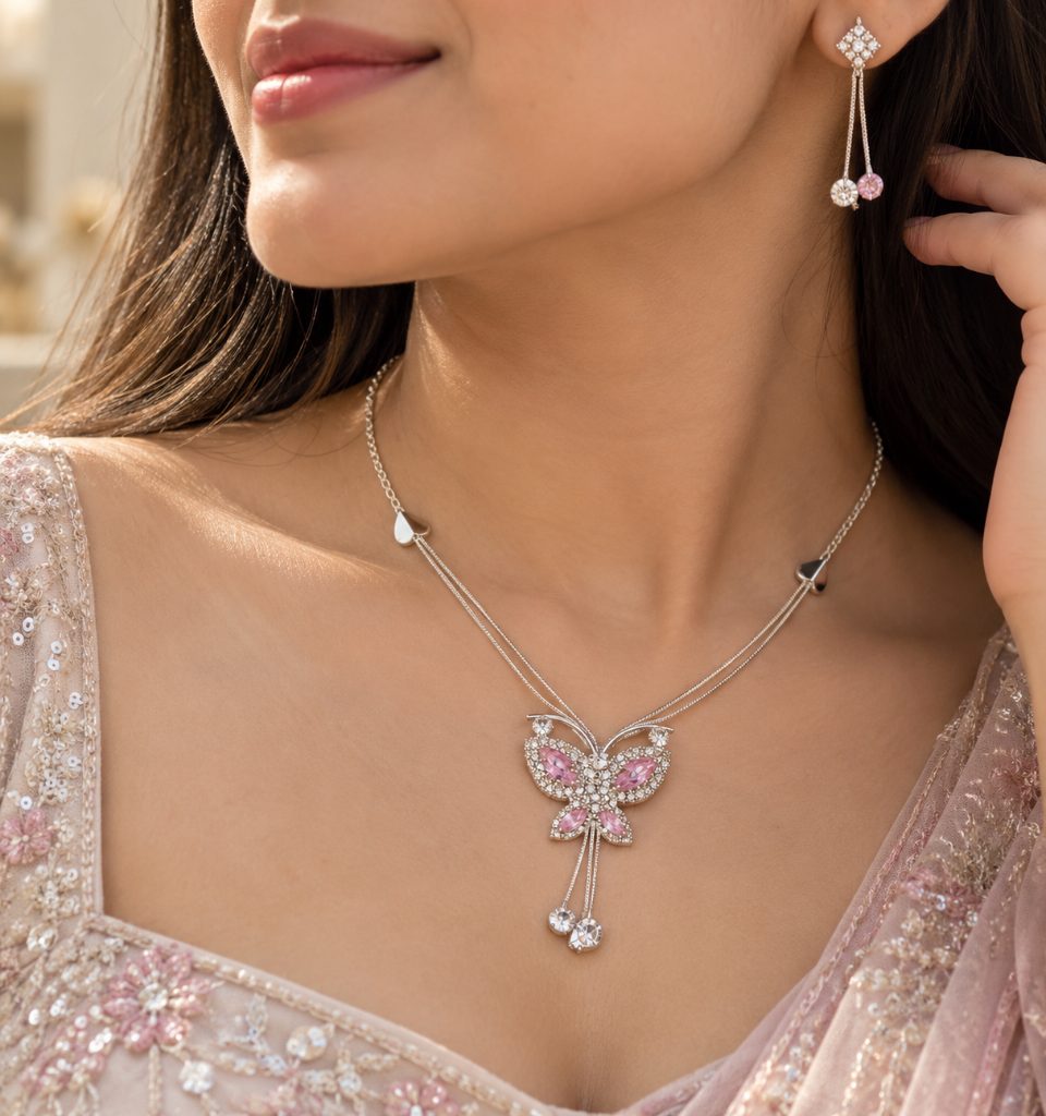 Pink Butterfly Pendant Necklace and Chain-Drop Earring Set
