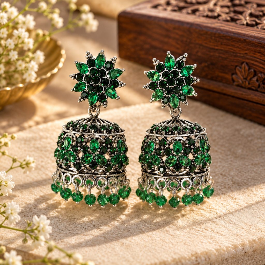Green Floral Stone Silver-Tone Jhumka Earrings with Bead Fringe