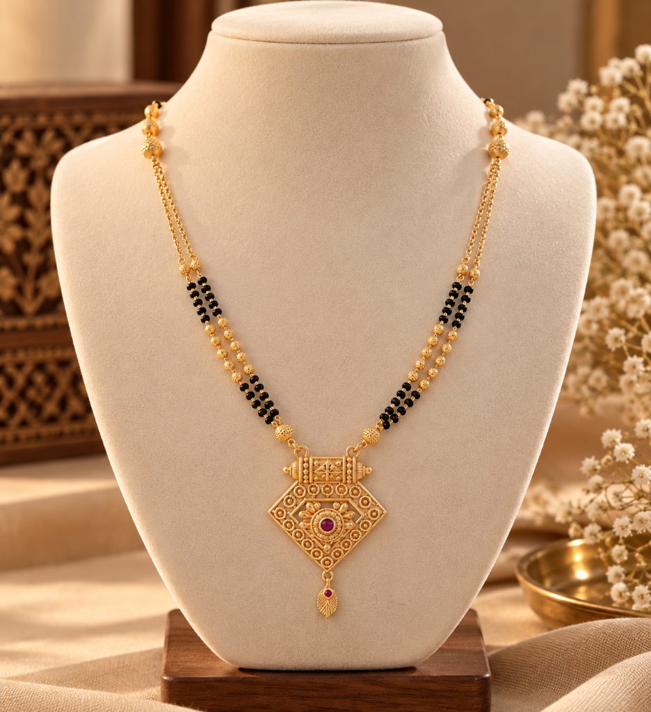 Gold-Tone Black Bead Mangalsutra with Angular Scrollwork Pendant