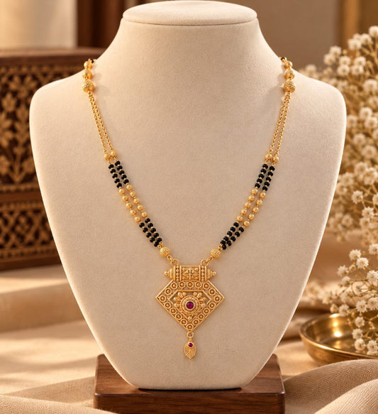 Gold-Tone Black Bead Mangalsutra with Angular Scrollwork Pendant