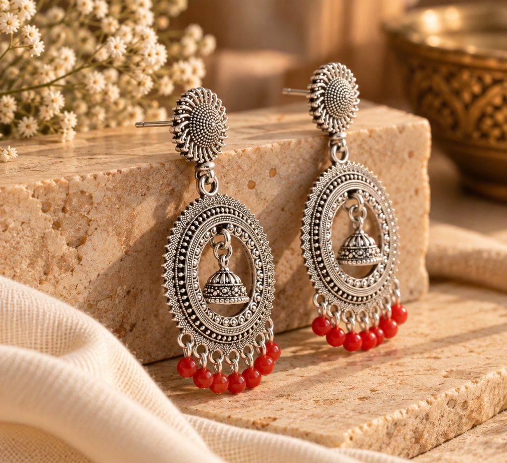 Red Bead Silver-Tone Circular Jhumka Drop Earrings